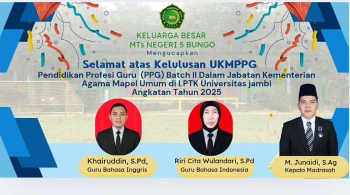Keluarga Besar MTsNegeri 5 Bungo Ucapkan Selamat atas Kelulusan UKMPPG dan Gelar Gr sebagai Guru Profesional